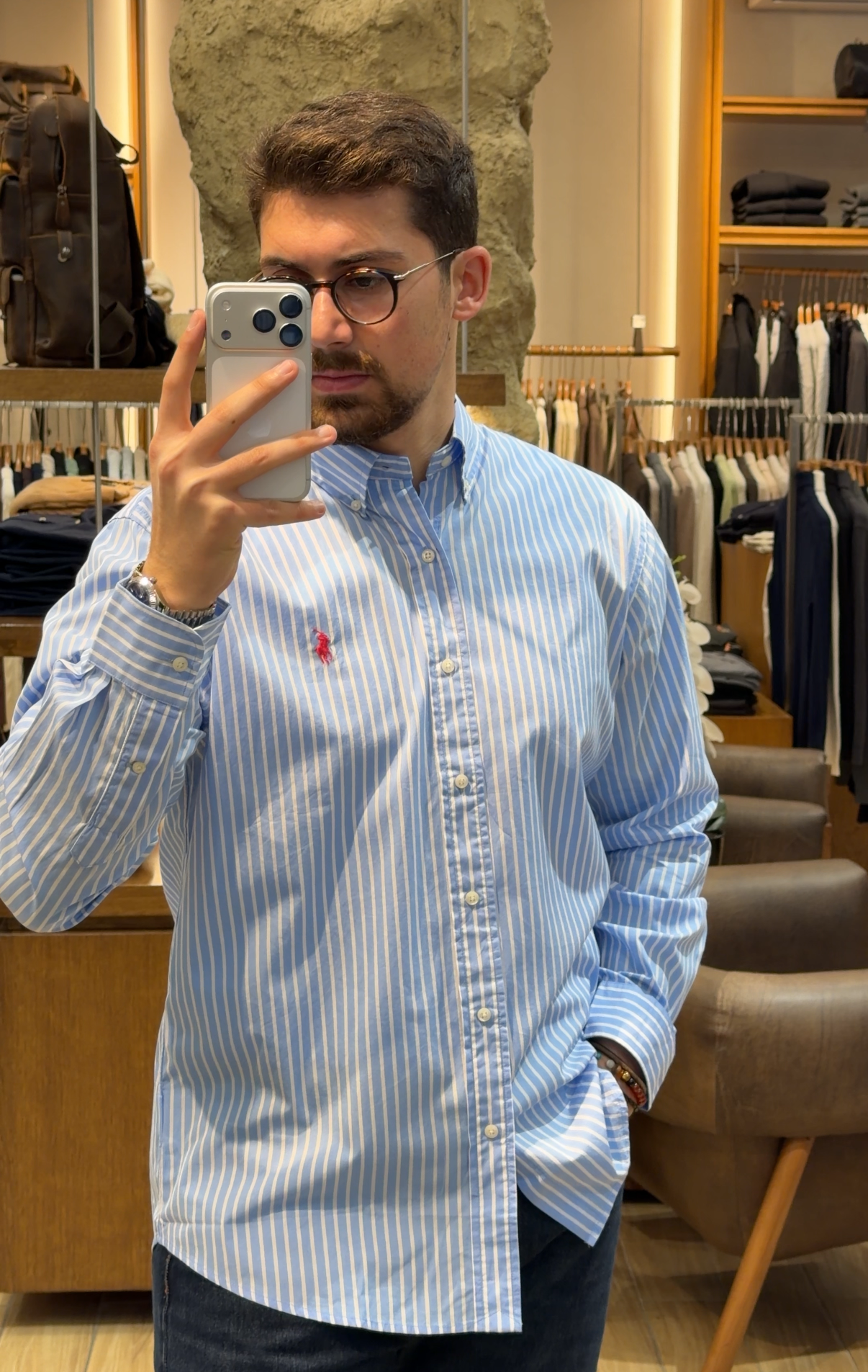 S / Light Blue Striped/Red Logo
